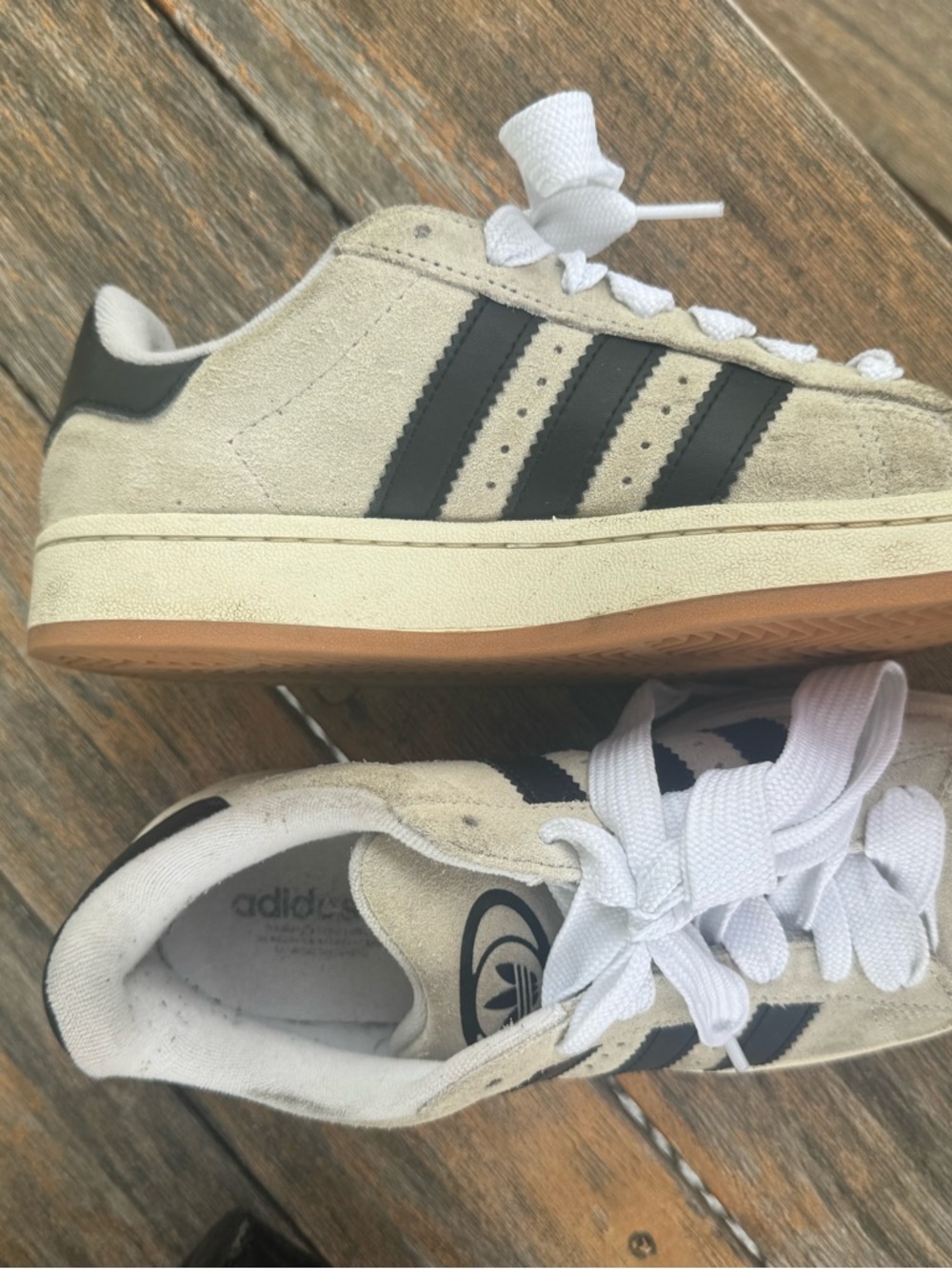 adidas Beige Suede Sneakers with Black Stripes and Gum Sole